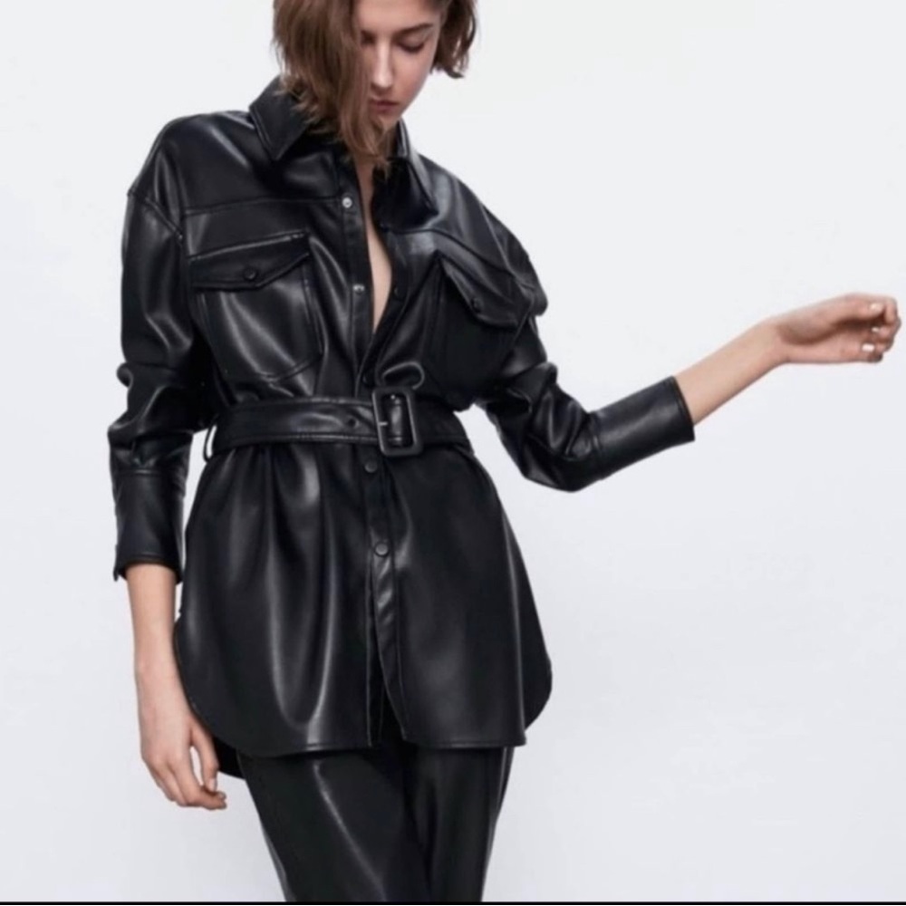 Zara black faux leather oversized shacket Size XS